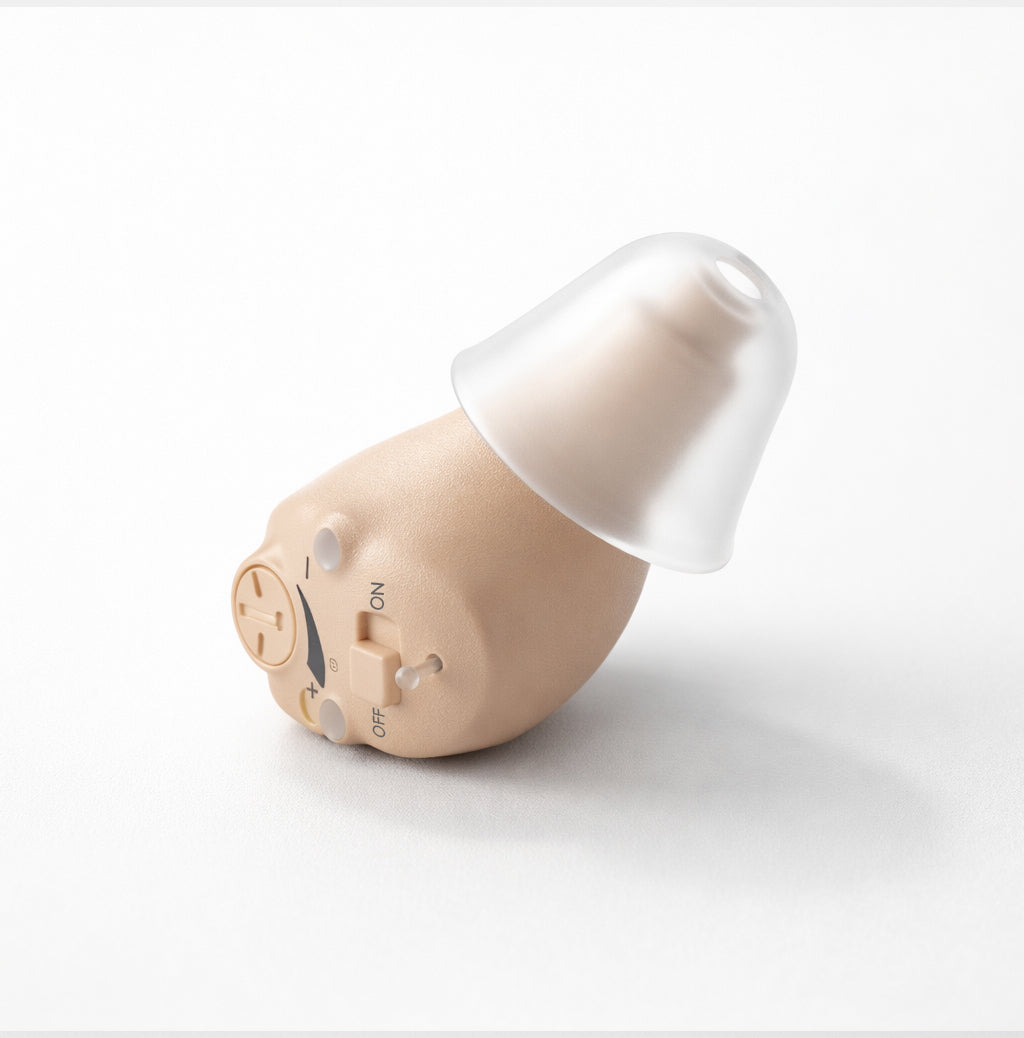 Auden One completely-in-canal rechargeable hearing aid, close-up view