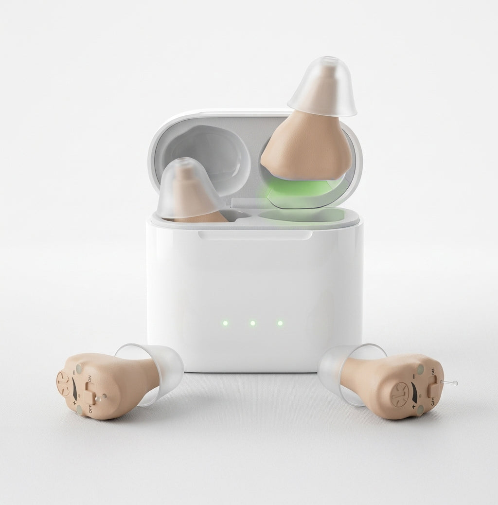 Auden One invisible CIC hearing aid with green USB-C charging case